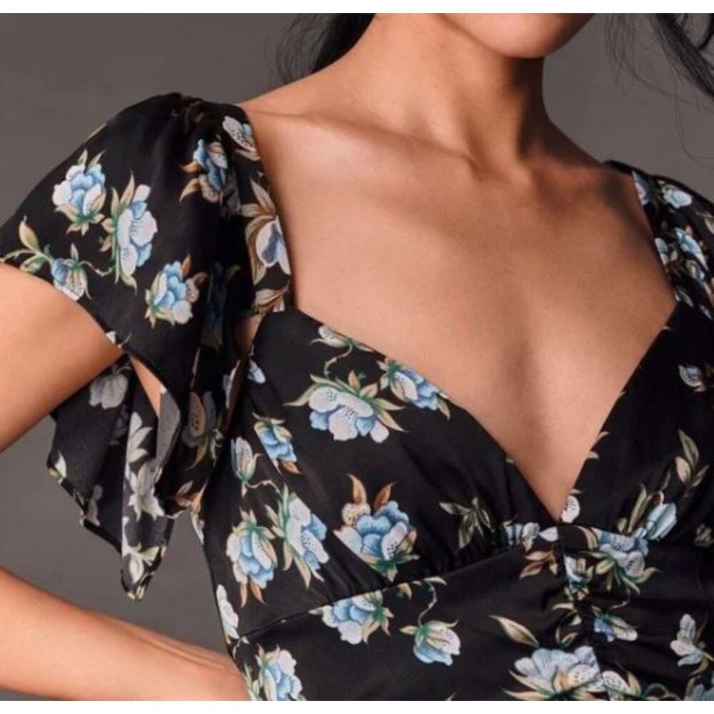 By Anthropologie Sweetheart Ruched Drop-Waist Dress Satin Floral NWT 188 XS - Picture 3 of 6